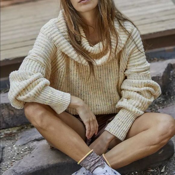 Free People Sweater Leo Tunic Ivory Speckled Oversized Ribbed Cowlneck